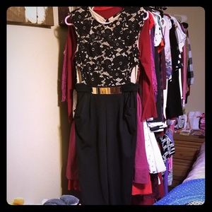 EUC Papaya Jumpsuit Belted Lace Overlay & Cut Out